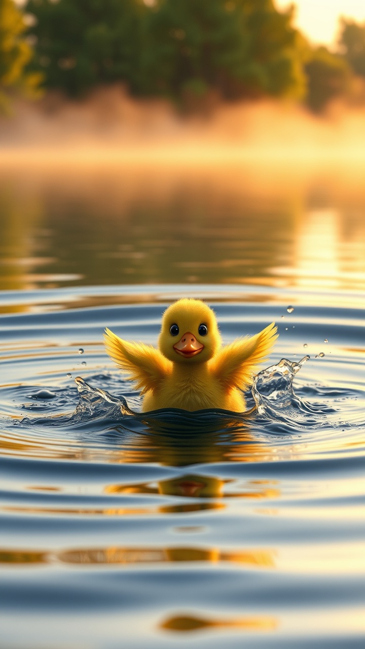 AI generated image by FLUX.1-schnell: A beautifully detailed 3D Pixar-style scene of a serene lake at sunrise. The water reflects the warm golden hues of the early morning sun. In the middle of the lake, a tiny, fluffy yellow duckling flaps its wings desperately, struggling against the current. Its eyes are wide with fear, and water droplets spray around as it fights to stay afloat. The waves around the duckling ripple intensely, hinting at the strength of the water pulling it away. The distant background features lush green trees and soft mist above the lake’s surface, creating an immersive atmosphere