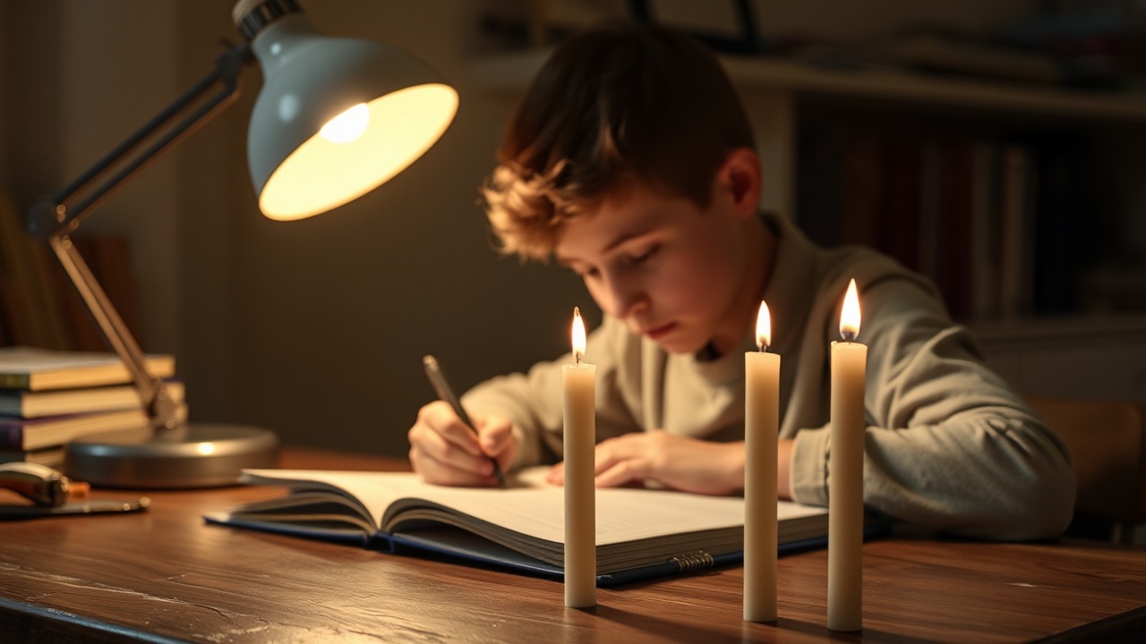 AI generated image by FLUX.1-schnell: Boy studying on a study desk with a lamp on the table from the side, but with dead unlit wax candles on the foreground