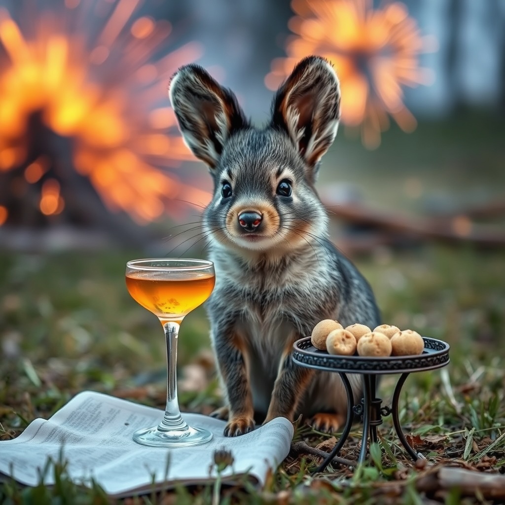 AI generated image by FLUX.1-schnell: Ein Kaninchen mit längeren Ohren und mit dunkelgrauem Fell sitzt auf einer Wiese. Daneben steht ein kleiner Tisch gedeckt mit einem Cocktail und Knabbersachen. Im Hintergrund explodiert ein Feuerwerk. Deshalb schaut das Kaninchen ängstlich in die Kamera