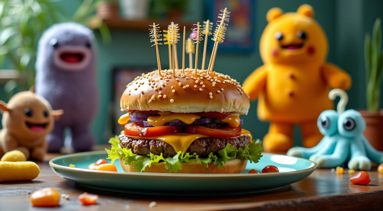 AI generated image by FLUX.1-pro: A big, delicious burger adorned with microbiome-themed elements is sitting on a platter resembling a petri dish. The burger playfully features toothpick flagella (cilia), and its condiments and toppings also vaguely resemble microbiological features. In the background, giant plushy/stuffed microbe figures adorn the room.