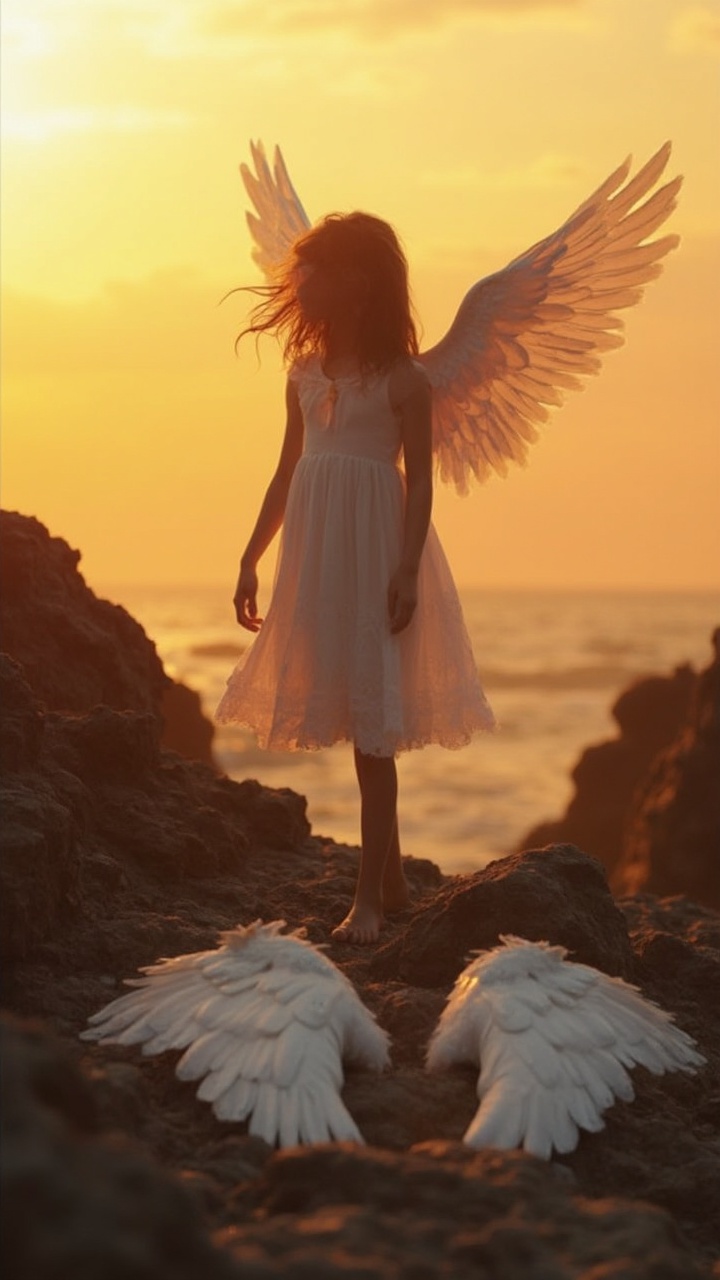 AI generated image by FLUX-Realism-Lora: "An angelic girl in a white dress, sitting on rocks at sunset, slowly stands up, her wings softly detaching and falling to the ground. She walks towards the camera through the golden hour lighting, her hair blowing in the wind. As she steps out of frame, the camera zooms in on two wings lying motionless on the rocky surface. Warm sunset colours, cinematic depth of field and quality."