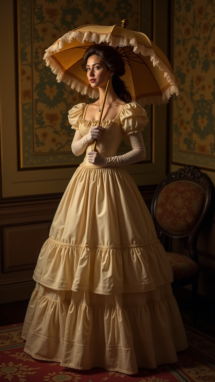 AI generated image by FLUX.1: “A Victorian woman in a crinoline dress with a bonnet and gloves, full-body ¾ angle, standing in front of ornate wallpapered parlor, holding a parasol, warm golden lighting, highly detailed fabric texture”