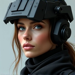 AI generated image by FLUX.1-image-to-image: PROMPT: Photorealistic Conversion
Use the uploaded image as a strict visual reference.
Create a photographic, ultra-realistic portrait of a real human woman that matches the exact pose, head angle, facial orientation, framing, and composition of the reference image. The subject must be rendered as a real person photographed with a professional camera, not an illustration. Preserve exactly: Head tilt, gaze direction, and posture, Cropping, scale, and position in frame, Clothing design, armor structure, visor shape, and equipment layout, Hairstyle length, direction, and volume. Convert all elements to real-world materials:
Skin with natural pores, fine wrinkles, subtle asymmetry, realistic subsurface scattering. Hair as individual strands with natural highlights.
Optical eye piece as real optical material (tinted glass or polycarbonate) with believable reflections and thickness. Clothing and armor as real fabrics and composites (stitched seams, wear patterns, realistic stiffness) Lighting should resemble high-end studio portrait photography with soft but directional light, natural shadow falloff, realistic contrast, and accurate color response. Use a full-frame DSLR or cinema camera look, shallow depth of field, sharp focus on the face, natural lens perspective. The final result must look indistinguishable from a real photograph of a real person wearing real tactical/futuristic gear, while remaining perfectly faithful to the reference pose and design. NEGATIVE PROMPT:Do NOT stylize, cartoonize, illustrate, or beautify unrealistically.
Avoid:CGI, 3D render look, game art, concept art, Anime, cyberpunk illustration style, painterly effects,Smooth plastic skin, waxy faces, airbrushed texture,Exaggerated facial symmetry or idealized proportions, Over-glow, neon lighting, rim-light outlines,Costume-like materials that look fake or foam-based, Changing the pose, camera angle, framing, or clothing design, Adding or removing accessories or armor details, No fantasy aesthetics. No illustration cues. No stylization.
The image must read as a real photograph first, not a game character.