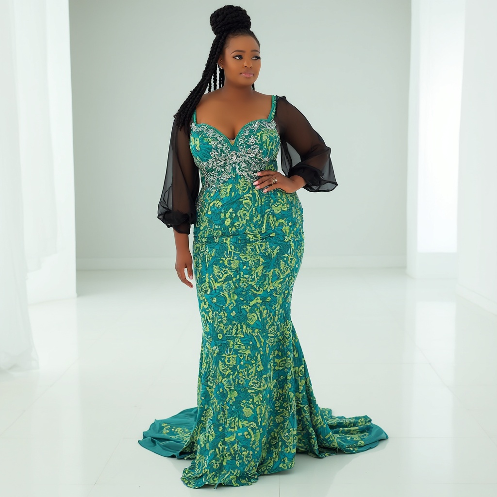 AI generated image by FLUX-Realism-Lora: A vibrant, full-figured beautiful chubby curvy African woman exudes elegance as she stands confidently in a chic, long Ankara African print fabric gown. The dress features a modern green and teal floral patterned, with shimmering embellishments bodice. The dress has a corset-style top, long sheer sleeves, and a form-fitting skirt. Her braided cornrow bun is neatly styled, enhancing her graceful appearance. The backdrop is a modern white showroom, emphasizing her poised and fashionable presence.