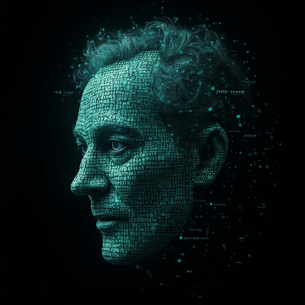 AI generated image by FLUX-Realism-Lora: Richard Feynman's face as a digital mask made from thousands of bright turquoise numbers and formulas forming his face. He has a clean haircut with side parting a big forehead and a slight smirk on his face. he is 40 years old. The formulas and numbers fly behind the mask leaving a trail of complexity. The mask is floating dynamically in mid air. His head is turned to the right but his eyes are looking directly into the camera. The mask is on a black background. Like a png with black only background. Photo realistic, sci-fy
