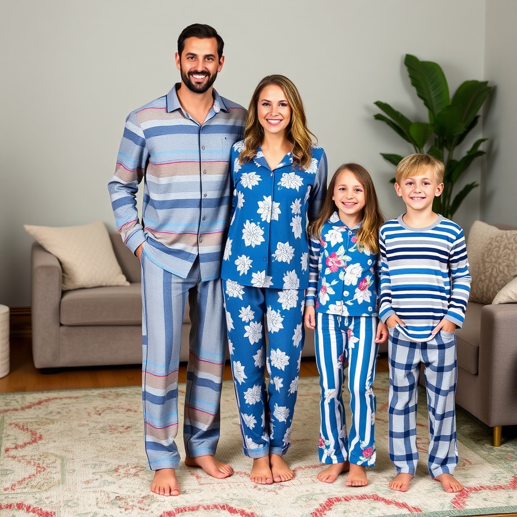 AI generated image by FLUX.1-schnell: An image of a family wearing pajamas for a matching set. The father is wearing a grey pajama suit with a pattern of blue, white, and red stripes. The mother is wearing a blue pajama top with a floral pattern and a grey pajama bottom. The daughter is wearing a blue and white striped pajama set with a floral pattern. The son is wearing a grey pajama set with a pattern of blue, white, and red stripes. The background is a cozy living room with a large rug, a few cushions, and a plant.