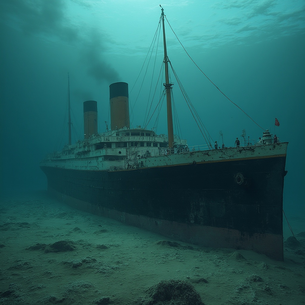 AI generated image by FLUX-Realism-Lora: the shipwreck of titanic on the totaly dry sea bottom