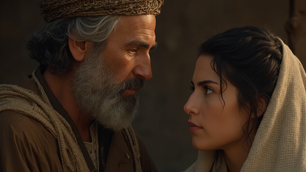 AI generated image by FLUX-Realism-Lora: "Create a realistic, cinematic scene set in an ancient Middle Eastern setting. Show a close-up interaction between two biblical characters: a man with a medium-length gray beard, wearing a brown robe and a head covering with traditional woven details, and a young woman with dark hair, wearing a simple shawl that covers her head. The two characters are facing each other closely, with serious, gentle expressions. The lighting is warm and soft, with a muted background to keep the focus on their faces. Include a subtle sense of historical authenticity, as if from a biblical story, capturing the moment as serious and intimate."