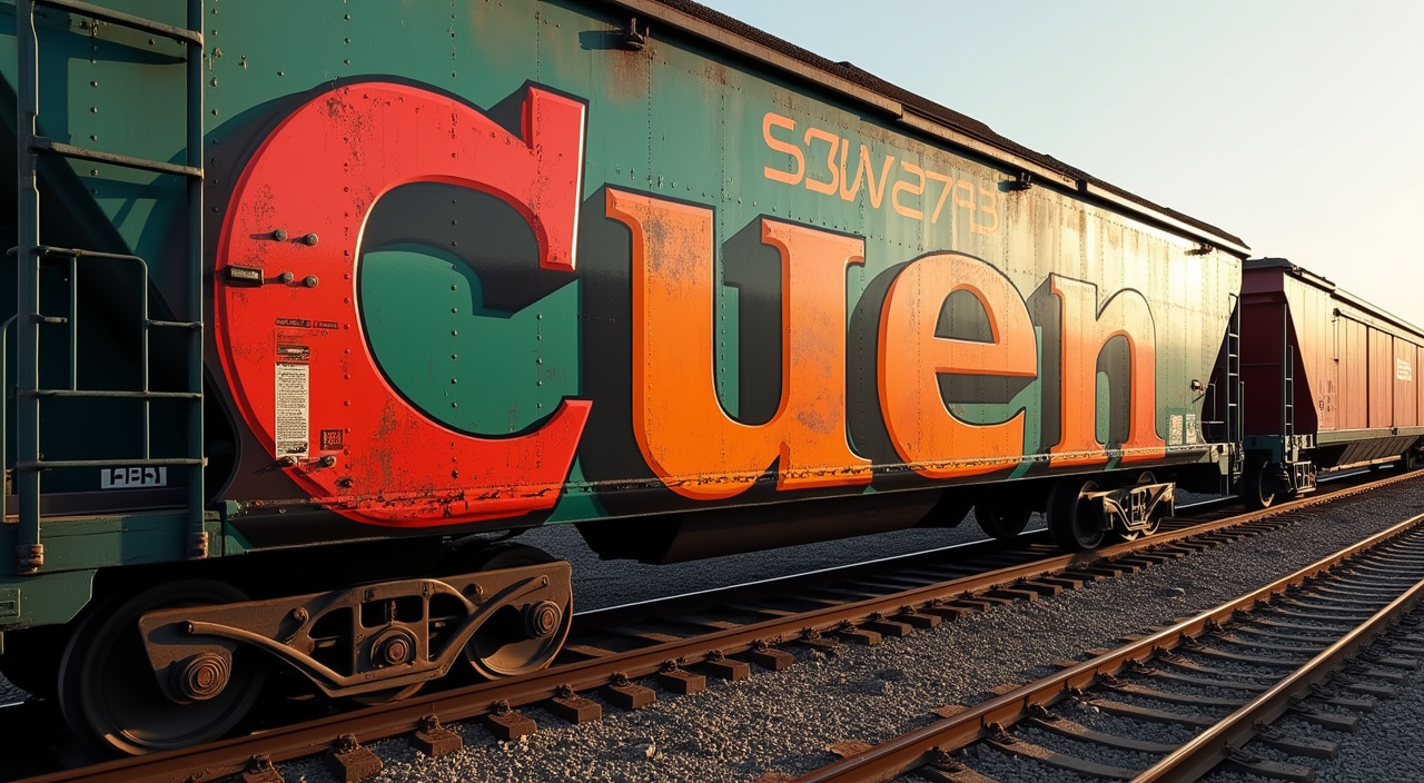 AI generated image by FLUX.1-pro: Crear una imagen vista frontal panoramica de un vagón de tren de carga de carros con una textura realista de óxido cubriendo la superficie. El vagón es parte de un tren más grande, visible en el lado derecho, bajo la luz brillante del día. En el lateral del vagón, hay un graffiti que dice ‘Cuen’ en letras goticas modernas grandes y audaces con un efecto 3D. Las letras son principalmente en matte colors
tonos de rojo oscuro a naranja fluorecente y verde con reflejos blancos que les dan un aspecto contrastante Los bordes de las letras tienen contornos oscuros para resaltar el efecto 3D contra el fondo oxidado. Encima del graffiti, en letras más pequeñas, están los caracteres ‘SSW 62723’ alineados al borde izquierdo del vagón. Las ruedas y los detalles del chasis son visibles y deben representarse con proporciones precisas en relación con el resto del vagón