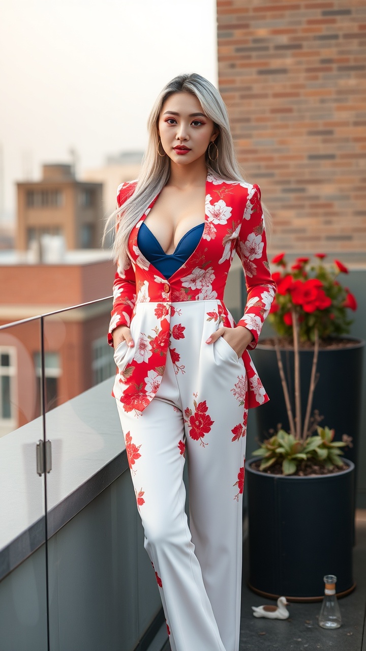 AI generated image by FLUX.1-schnell: Make a picture of korean young woman who wearing long red floral mixed white suit suit with deep blue sports bra and wearing red floral mixed white pant. Note : her body is perfect slim, well toned and her cleavage must be revealed and her hair is long with , and silver blonde and she wearing a long white high heel . She is confident. The woman bra shape is round v. She is in a building rooftop in afternoon. Her skin is fair. And her lips is red. She wear a hoop earrings. Note :Make the picture more realistic. She have red eyeliner and red eyeshadow. Her eyes is brown