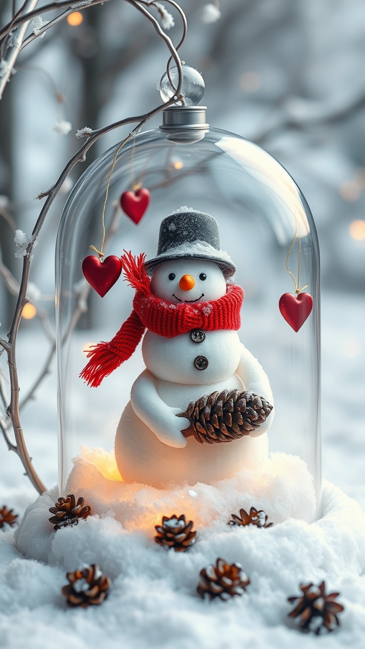 AI generated image by FLUX.1-schnell: A captivating and enchanting scene showcasing a charming snowman, encased in a delicate, silver-branched dome amidst a pristine winter landscape. The snowman, adorned with a cozy red scarf and a black top hat, tenderly holds a pinecone in its snow-covered arms. The scene is illuminated with a warm, inviting glow. Hanging from the dome are delicate red hearts, adding a touch of romantic charm. The dome rests on a layer of snow, decorated with small pinecones, creating an altogether whimsical and magical atmosphere.