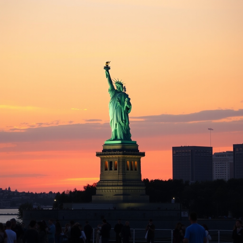 AI generated image by FLUX.1-schnell: A realistic photo of the Statue of Liberty at sunset with tourists around the base