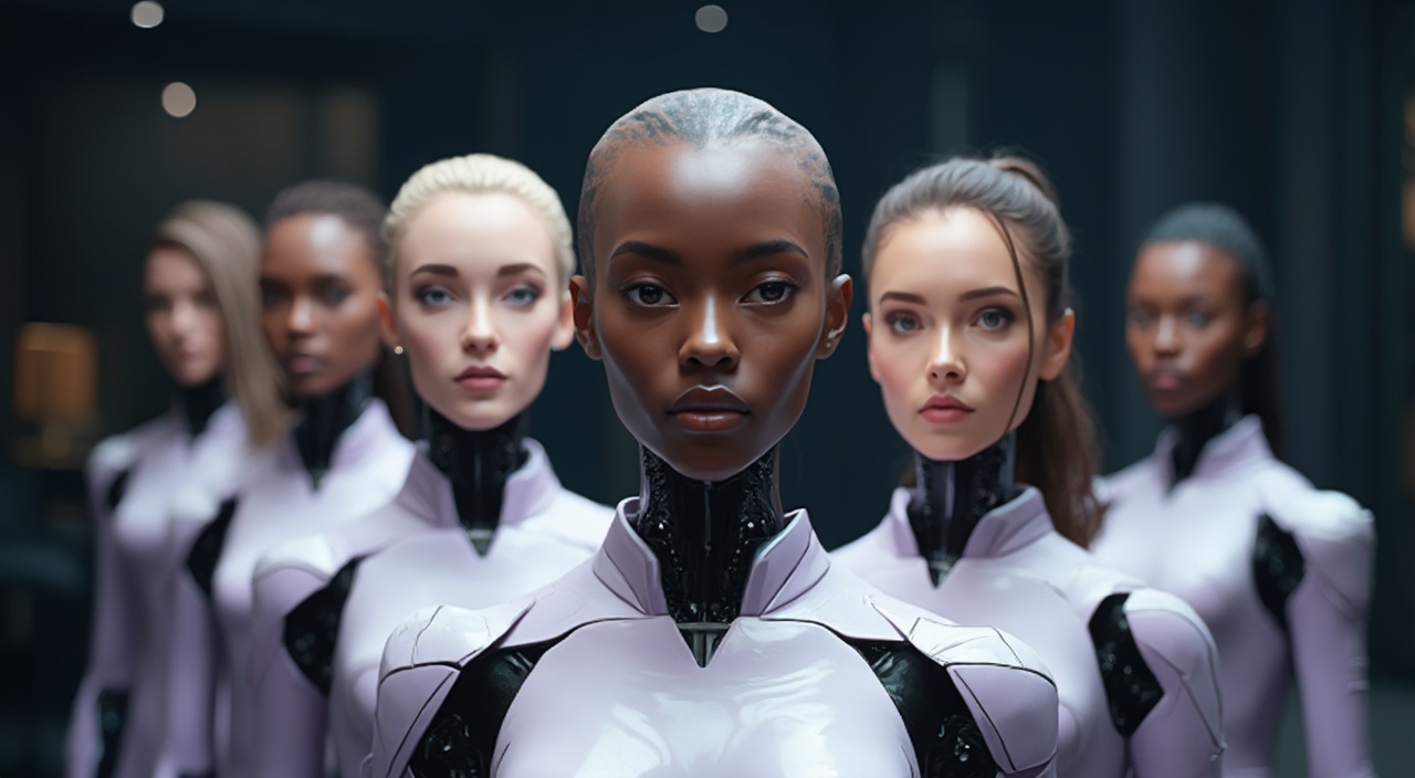 AI generated image by FLUX-Realism-Lora: A photorealistic image of a professional team of humanoid robots with human heads, designed for a futuristic and approachable “Contact Us” section of a website. Each humanoid has a unique human head, ensuring diversity with men and women of different ages and ethnicities. The faces are highly detailed, with natural skin textures, expressive eyes, and visible hair that seamlessly integrates with their robotic forms. Make sure that man is on the front line
They are standing in a group formation, positioned slightly behind each other, creating a professional and dynamic team structure. Their android bodies have a sleek, modern design, with smooth metallic plating and subtle technological elements.
The team members are dressed in elegant, lightly purple uniforms, blending futuristic fashion with professionalism. The uniforms have subtle metallic accents, high-tech seams, and an ergonomic fit, symbolizing trust, innovation, and assistance.
The background is dark and modern, with a clean, minimalistic aesthetic and soft lighting. It may include elements like a futuristic office, digital holograms, or a clean white tech-space, ensuring the team looks inviting, high-tech, and ready to assist.
The composition conveys warmth, intelligence, and professionalism, making the team feel both highly advanced and approachable. Each humanoid team member has a unique expression, looking directly at the viewer as if they are ready to help. The image should be ultra-realistic, with sharp details, lifelike facial textures, and high-tech aesthetics, ensuring a premium and futuristic corporate identity