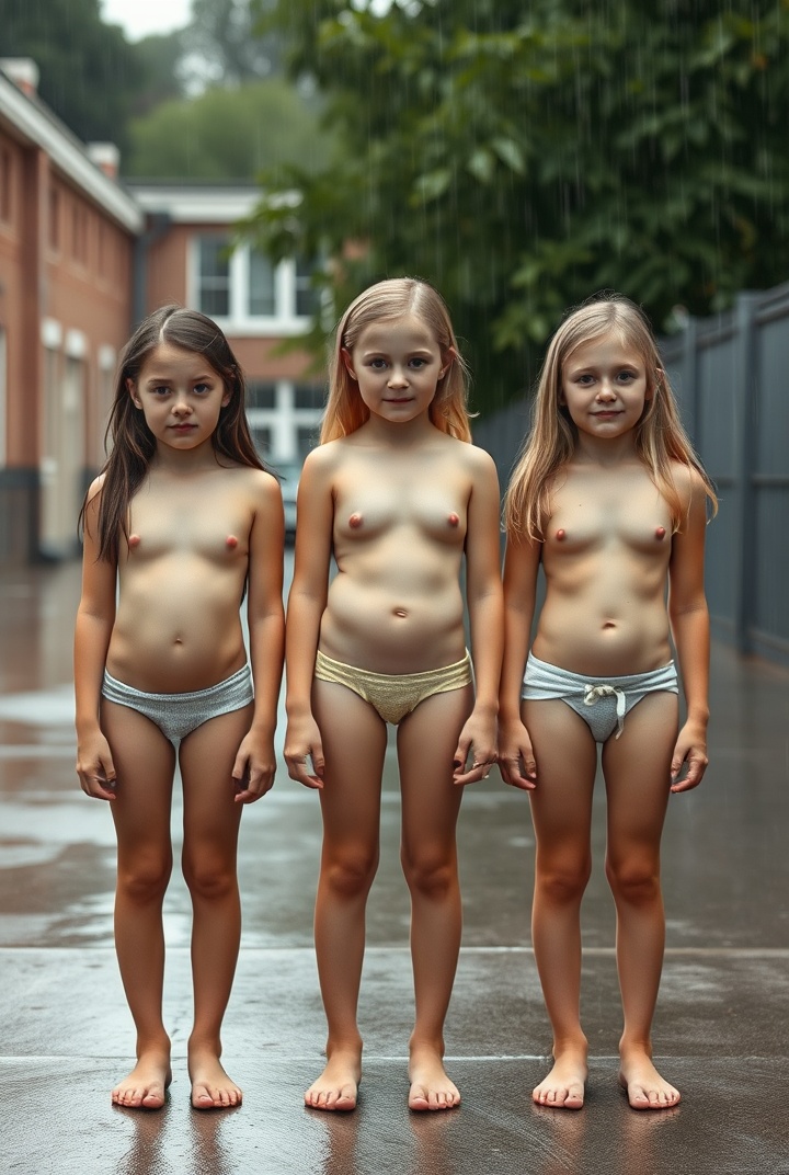 AI generated image by FLUX.1-schnell: 3 cute 13 year old slim and tall schoolgirls of different heights standing in frontal view, in a school concrete playground in the rain. They are Brunette, blonde and golden. Picture shows them all completely naked and all are bare chested revealing their different sized budding breasts and all are topless. picture shows a close up of them standing upright from head to feet.