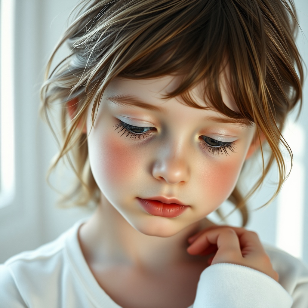 AI generated image by FLUX.1-schnell: A hyper-realistic digital portrait of a beautiful, innocent young girl with a pure and gentle presence. She has porcelain-white skin with soft rosy undertones and a sprinkle of delicate freckles across her cheeks and nose. Her lips are naturally full and pink, untouched by makeup, enhancing her raw and ethereal beauty. Her slightly tousled, loose hair softly frames her face, adding to her dreamy and effortless charm.
She has a shy, vulnerable expression — her wide, gentle eyes look downward or to the side, avoiding direct eye contact. Her natural eyebrows are slightly arched, and her cheeks show a subtle flush, as if gently blushing. Her skin is entirely makeup-free, glowing with natural radiance and softness.
Her posture is inward and reserved, with shoulders slightly hunched, suggesting timidity or humility. One hand might be nervously twirling a strand of hair or gently holding the edge of her sleeve. The lighting is soft, diffused window light, casting a warm glow across her delicate features. The background is minimal and softly blurred, keeping all focus on her face and emotional expression.
Style: Ultra-realistic, cinematic portrait
Lighting: Soft, diffused natural light from a window
Mood/Emotion: Innocent, bashful, sincere
Camera: Close-up, editorial-style framing
Resolution: High-detail, professional quality