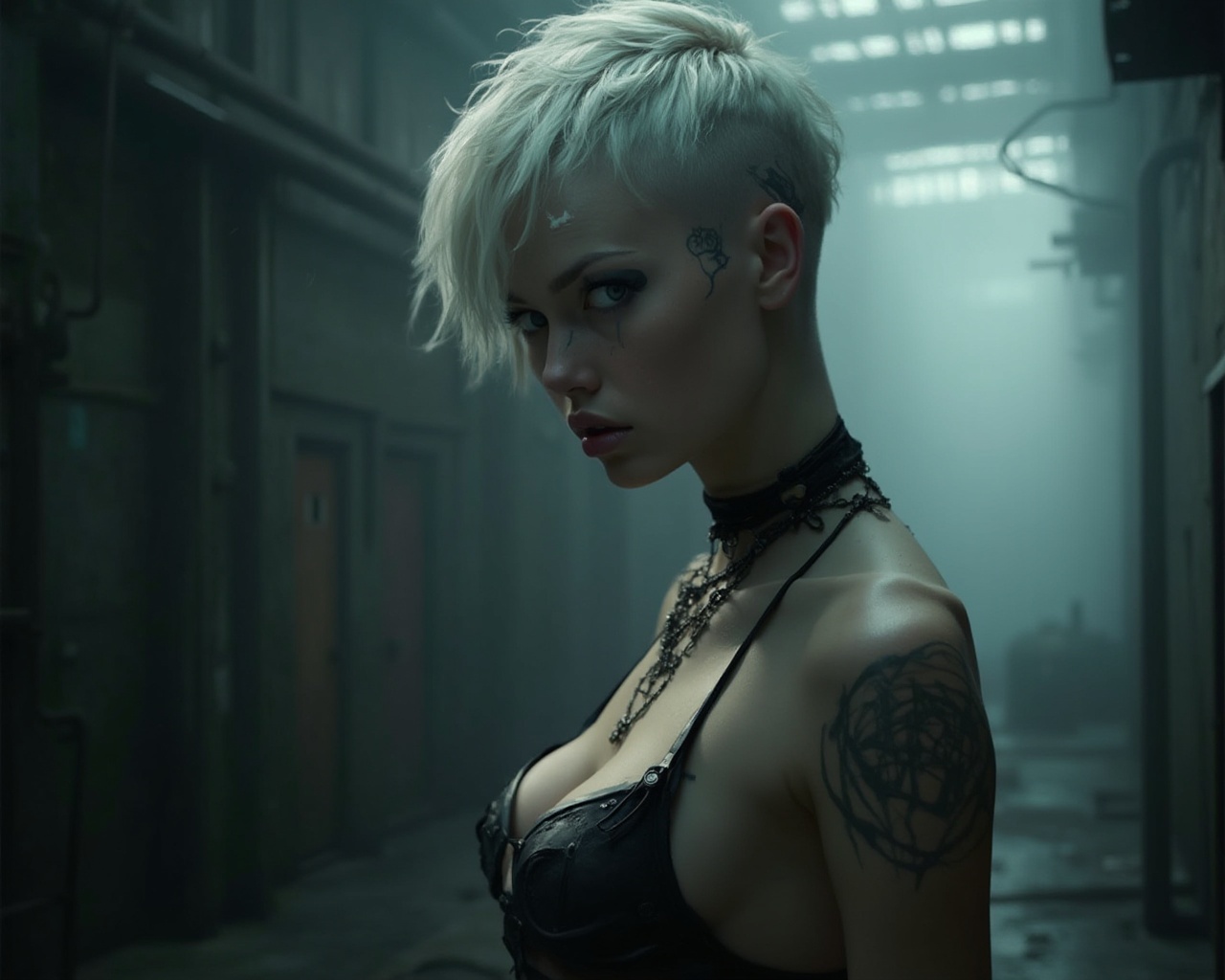 AI generated image by FLUX-Realism-Lora: German Girl with short shaved white hair in hot Latex lingerie In front of dark and foggy industrial background,shadow depth, volumetric lighting detailed 2000, intricate hyperdetailed, smoke rave, 8k resolution, art, heavy shading, hyperdetailed. full colour, (ultra HD ) art hyperdetailed ink art, 8k resolution, (advanced), realistic, hyper glossy. highly detailed HD overall aesthetic, realistic style colored ink art style.