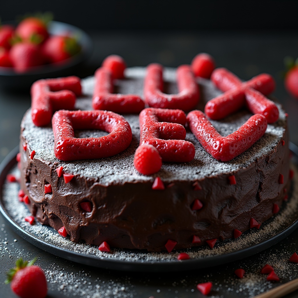 AI generated image by FLUX.1: black forest gateau cake spelling out the words "FLUX DEV", tasty, food photography, dynamic shot