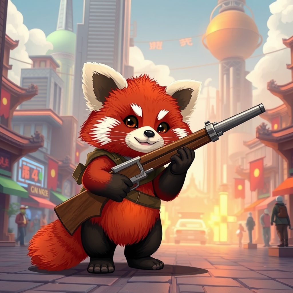 AI generated image by FLUX.1-schnell: A cute red panda holding a musket in the middle of a futuristic city square