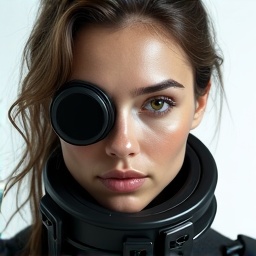 AI generated image by FLUX.1-image-to-image: PROMPT: Photorealistic Conversion
Use the uploaded image as a strict visual reference.
Create a photographic, ultra-realistic portrait of a real human woman that matches the exact pose, head angle, facial orientation, framing, and composition of the reference image. The subject must be rendered as a real person photographed with a professional camera, not an illustration. Preserve exactly: Head tilt, gaze direction, and posture, Cropping, scale, and position in frame, Clothing design, armor structure, visor shape, and equipment layout, Hairstyle length, direction, and volume. Convert all elements to real-world materials:
Skin with natural pores, fine wrinkles, subtle asymmetry, realistic subsurface scattering. Hair as individual strands with natural highlights.
Optical eye piece as real optical material (tinted glass or polycarbonate) with believable reflections and thickness. Clothing and armor as real fabrics and composites (stitched seams, wear patterns, realistic stiffness) Lighting should resemble high-end studio portrait photography with soft but directional light, natural shadow falloff, realistic contrast, and accurate color response. Use a full-frame DSLR or cinema camera look, shallow depth of field, sharp focus on the face, natural lens perspective. The final result must look indistinguishable from a real photograph of a real person wearing real tactical/futuristic gear, while remaining perfectly faithful to the reference pose and design. NEGATIVE PROMPT:Do NOT stylize, cartoonize, illustrate, or beautify unrealistically.
Avoid:CGI, 3D render look, game art, concept art, Anime, cyberpunk illustration style, painterly effects,Smooth plastic skin, waxy faces, airbrushed texture,Exaggerated facial symmetry or idealized proportions, Over-glow, neon lighting, rim-light outlines,Costume-like materials that look fake or foam-based, Changing the pose, camera angle, framing, or clothing design, Adding or removing accessories or armor details, No fantasy aesthetics. No illustration cues. No stylization.
The image must read as a real photograph first, not a game character.