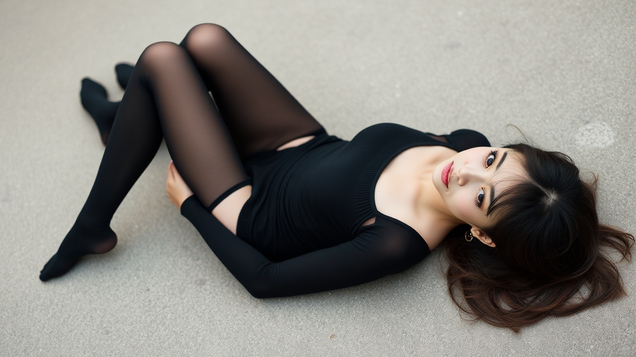 AI generated image by FLUX.1-schnell: An Asian woman is lying on the ground wearing black stockings