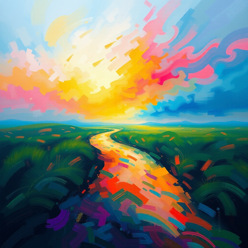 AI generated image by FLUX.1-schnell: create an abstract painting of a path that leads to the horizon and make it look vibrant and colorful. Make the whole scene look majestic with different colors flowing across the screen. Make the whole scene look random and very abstract