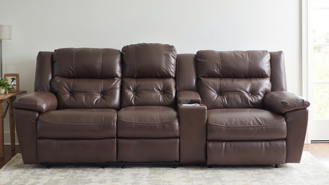 AI generated image by FLUX-Realism-Lora: Evoking streamlined 1970s designs, the Motion Modular Leather 3-piece 3-Recliner Sofa reimagines the traditional recliner. Low, deep seats with hand-sewn channel tufting offer luxurious comfort, while the continuous motion powered recline function can be paused at any point to create the perfect lounging position. Modular components.