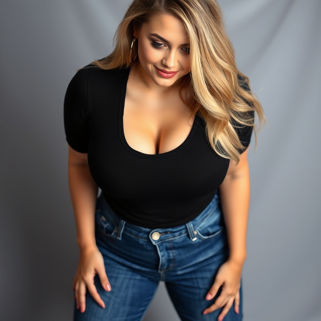 AI generated image by FLUX.1-schnell: realistic digital portrait photograph of a Busty Young Female model with big round lips, Oval shaped face and brown eyes bending over with hands clasped together between her legs, reflective skin, closed smile, ((((((Buxom figure)))))), ((((huge breasts)))), Portrait, low cut scoop neck black t-shirt with long sleeves and blue jeans trousers, ((sexy)), long blonde hair, Silver background