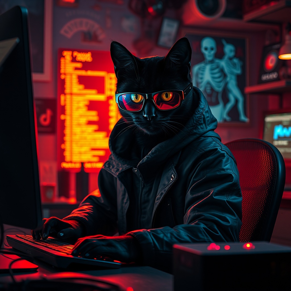 AI generated image by FLUX.1-schnell: a cool black cat-hacker in cyberpunk glasses sitting behind the computer desk, hyperrealistic, cyberpunk interior, dramaric