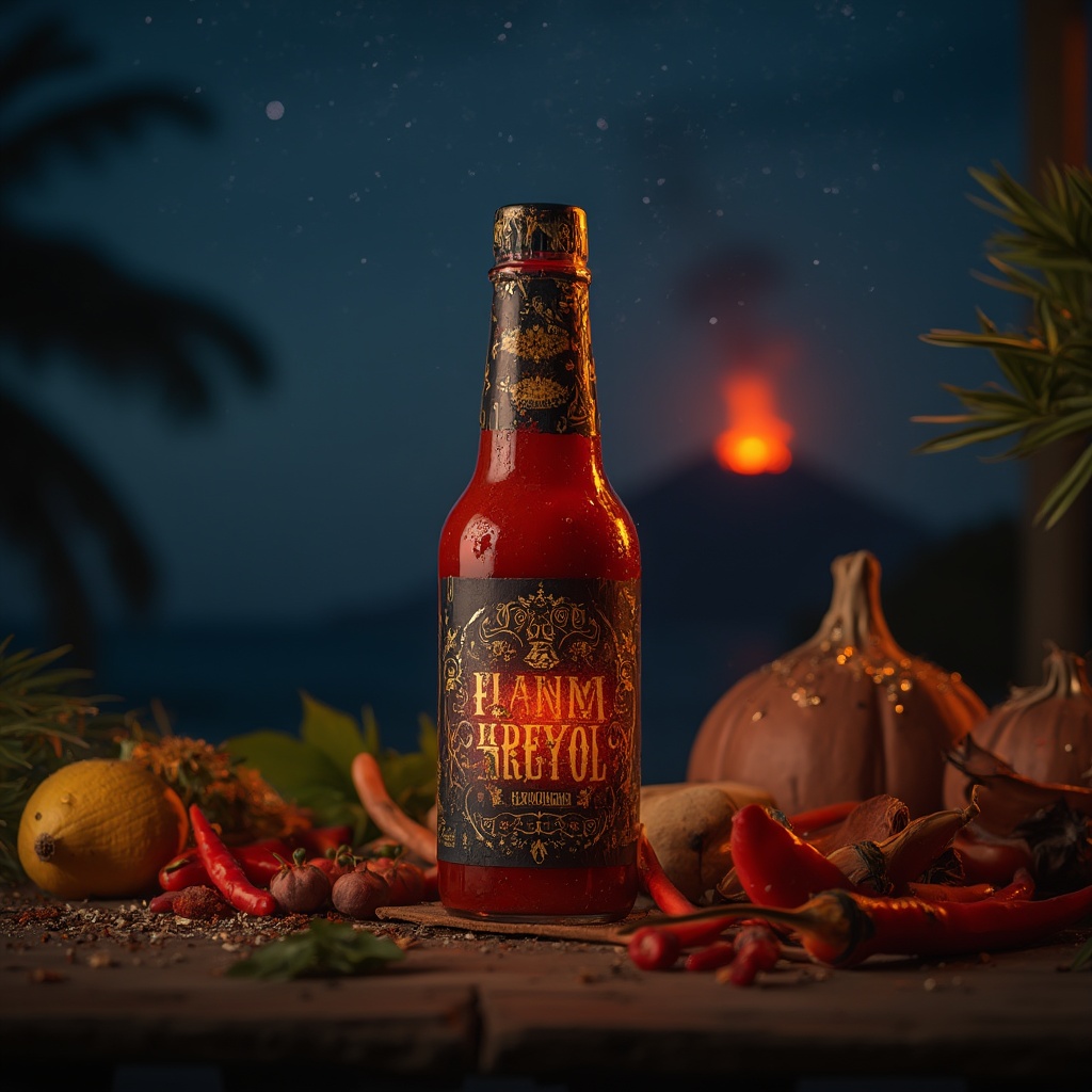 AI generated image by FLUX-Realism-Lora: A dramatic, nighttime Caribbean scene designed for the ‘Flanm Kreol’ hot sauce label. The label showcases a glowing volcano erupting in the distance, with ‘Flanm Kreyol’ prominently displayed in a bold, rustic font that stands out against a dark, starry sky. This intense, mystical aesthetic reflects the sauce’s rich, fiery flavor. Position the bottle on an outdoor table surrounded by various spices and ingredients, capturing the essence of a Caribbean setting.