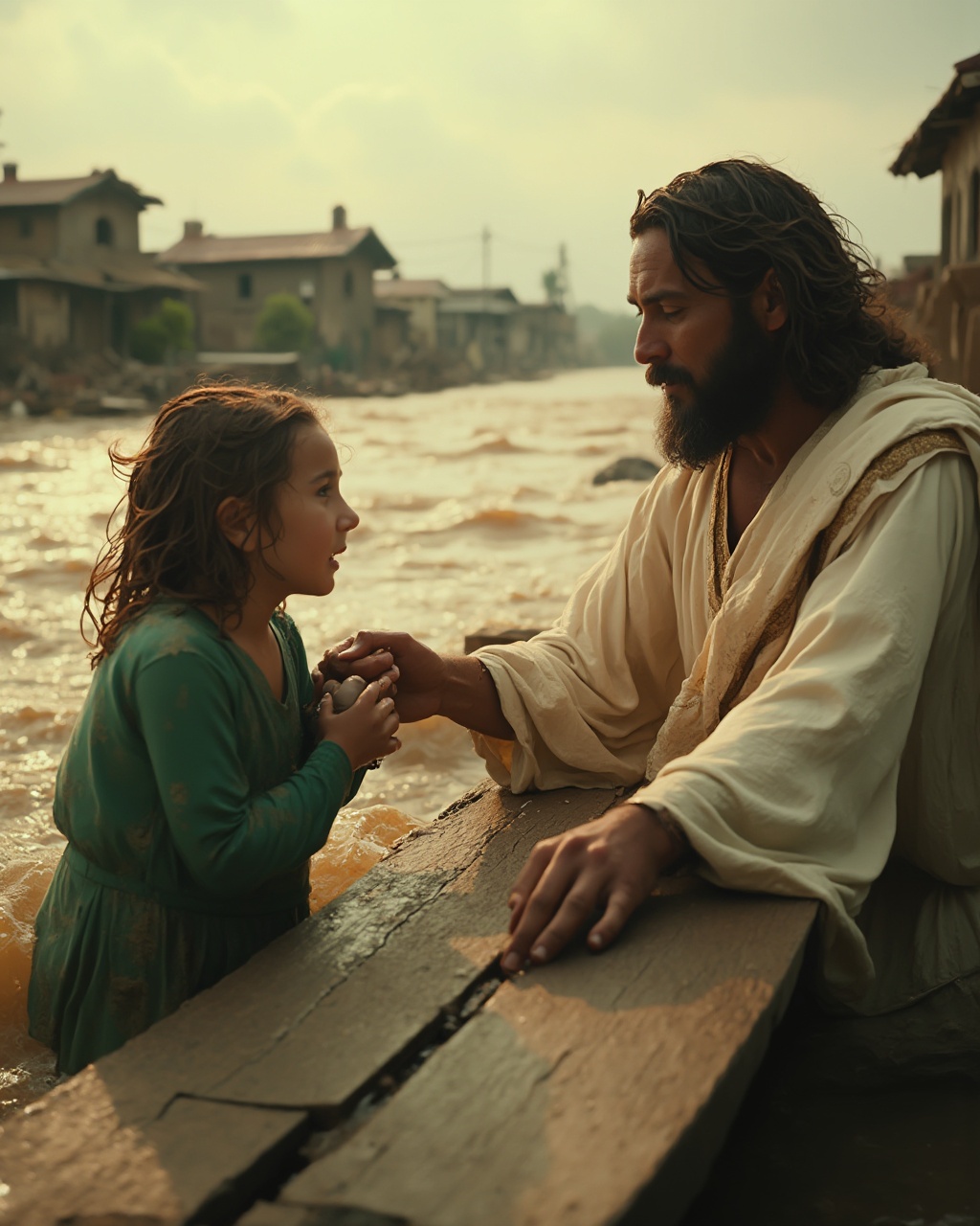 AI generated image by FLUX-Realism-Lora: A powerful, cinematic video begins with a close-up on Jesus’ calm, compassionate face, capturing his gentle eyes, shoulder-length hair, and trimmed beard as he extends a steady hand toward a distressed mother in floodwaters. The camera shifts to the mother, her face marked by fear and desperation, clutching her child tightly as she reaches for Jesus’ hand. Her soaked green dress and wet hair reflect the struggle, while the child, initially fearful, glimpses Jesus and shows a small smile of relief, reaching out instinctively. The scene pulls back to a wide shot, revealing Jesus firmly anchored on a wooden bridge, stabilizing the mother and child against the rushing current, surrounded by wreckage of broken houses and a somber sky tinged with golden light. Jesus’ robes flow in soft, cream tones, contrasting with the muddy water and lending a divine warmth to the scene. Shot with IMAX quality, the video features ultra-smooth, coherent movement, hyper-realistic detail, and vivid, award-winning cinematography, capturing this emotionally charged moment of rescue and salvation with a breathtaking balance of realism and divinity.