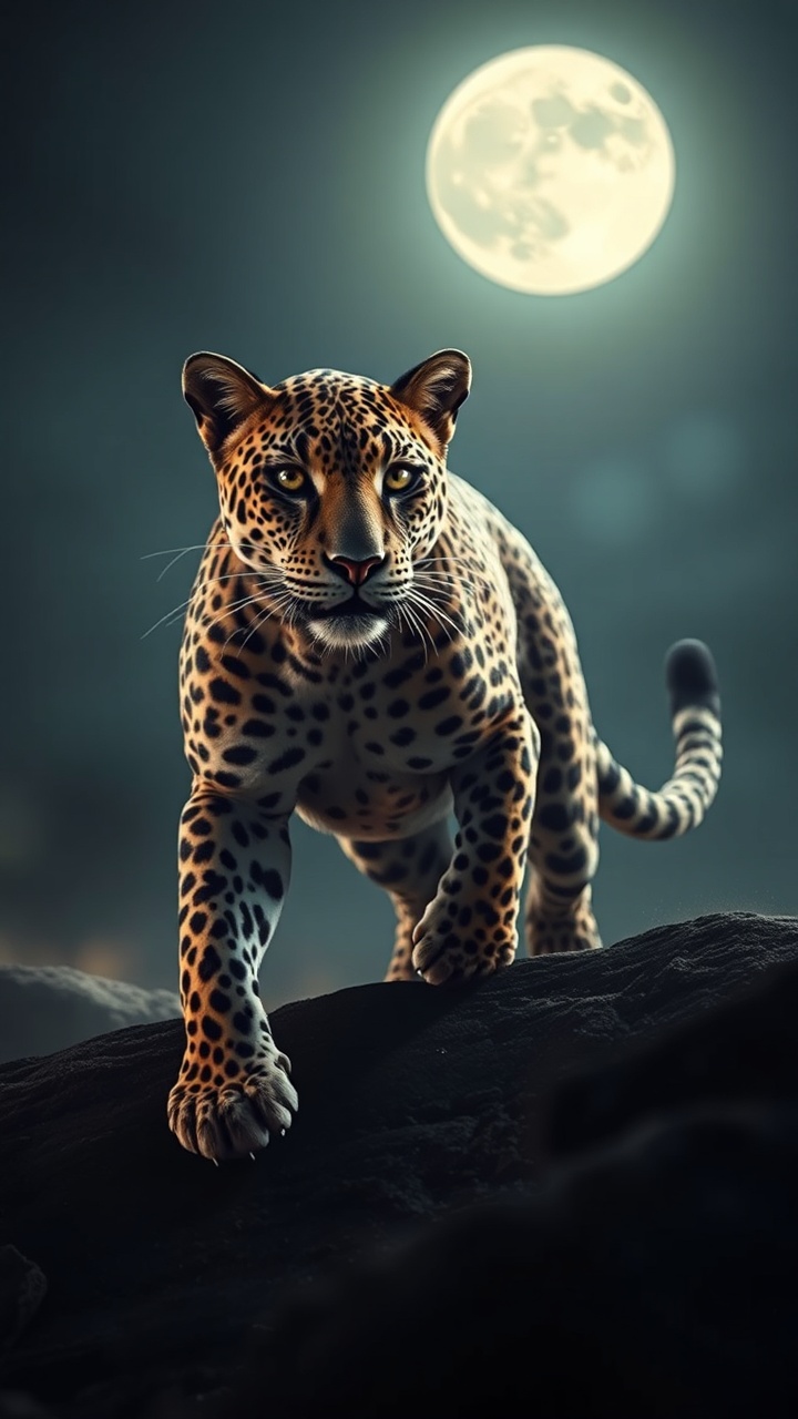 AI generated image by FLUX.1-schnell: A hyper-realistic cinematic image of a sleek leopard, spotted coat shining under moonlight, tail swaying for balance, ready to leap into combat.