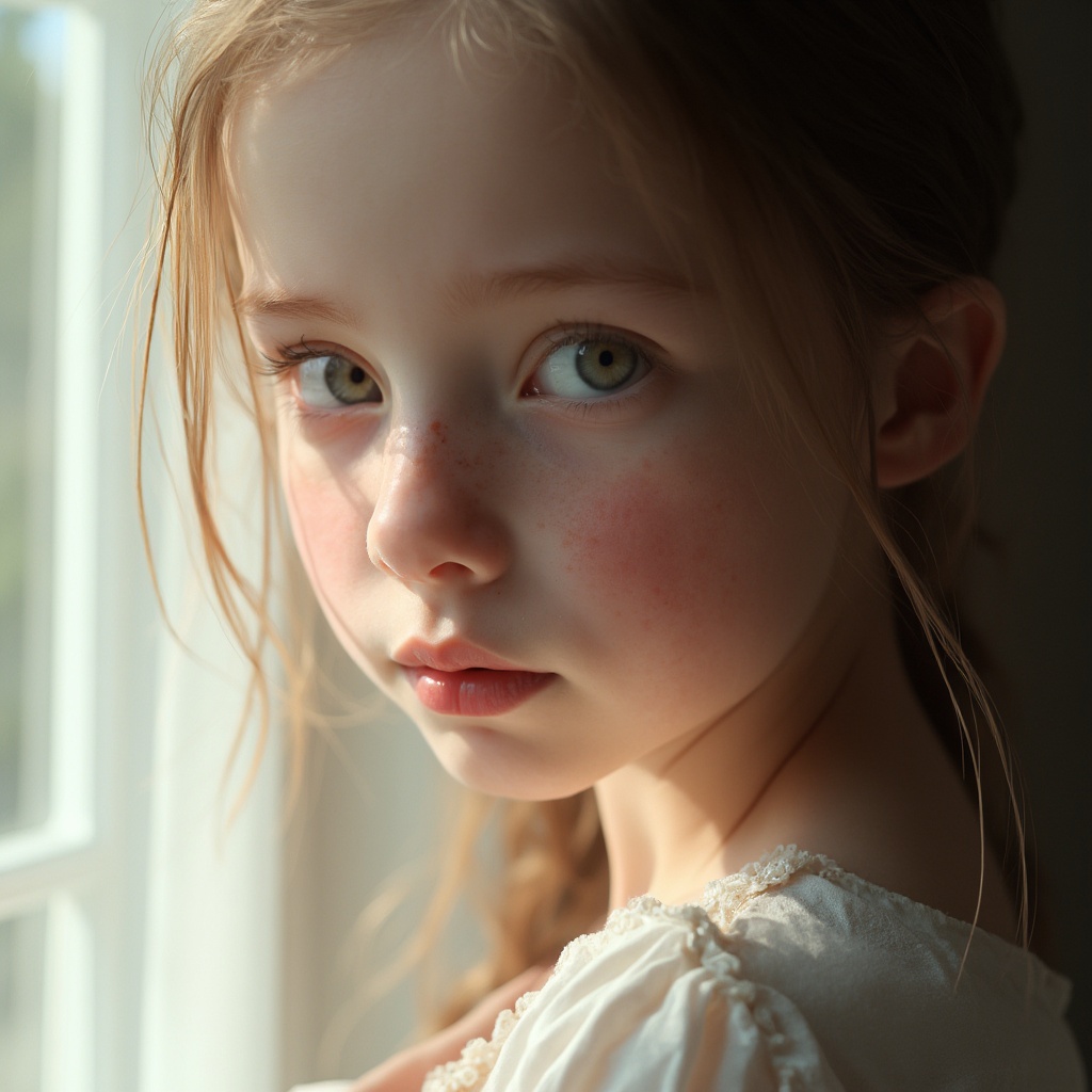 AI generated image by FLUX-Realism-Lora: A hyper-realistic digital portrait of a beautiful, innocent young girl with a pure and gentle presence. She has porcelain-white skin with soft rosy undertones and a sprinkle of delicate freckles across her cheeks and nose. Her lips are naturally full and pink, untouched by makeup, enhancing her raw and ethereal beauty. Her slightly tousled, loose hair softly frames her face, adding to her dreamy and effortless charm.
She has a shy, vulnerable expression — her wide, gentle eyes look downward or to the side, avoiding direct eye contact. Her natural eyebrows are slightly arched, and her cheeks show a subtle flush, as if gently blushing. Her skin is entirely makeup-free, glowing with natural radiance and softness.
Her posture is inward and reserved, with shoulders slightly hunched, suggesting timidity or humility. One hand might be nervously twirling a strand of hair or gently holding the edge of her sleeve. The lighting is soft, diffused window light, casting a warm glow across her delicate features. The background is minimal and softly blurred, keeping all focus on her face and emotional expression.
Style: Ultra-realistic, cinematic portrait
Lighting: Soft, diffused natural light from a window
Mood/Emotion: Innocent, bashful, sincere
Camera: Close-up, editorial-style framing
Resolution: High-detail, professional quality