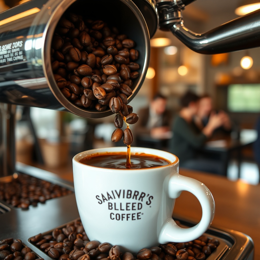 AI generated image by FLUX.1-schnell: coffee beans being roasted then being brewed and pour into a coffee cup, in a awesome cafe background with people enjoying a cup of Savior's Blend Coffee.