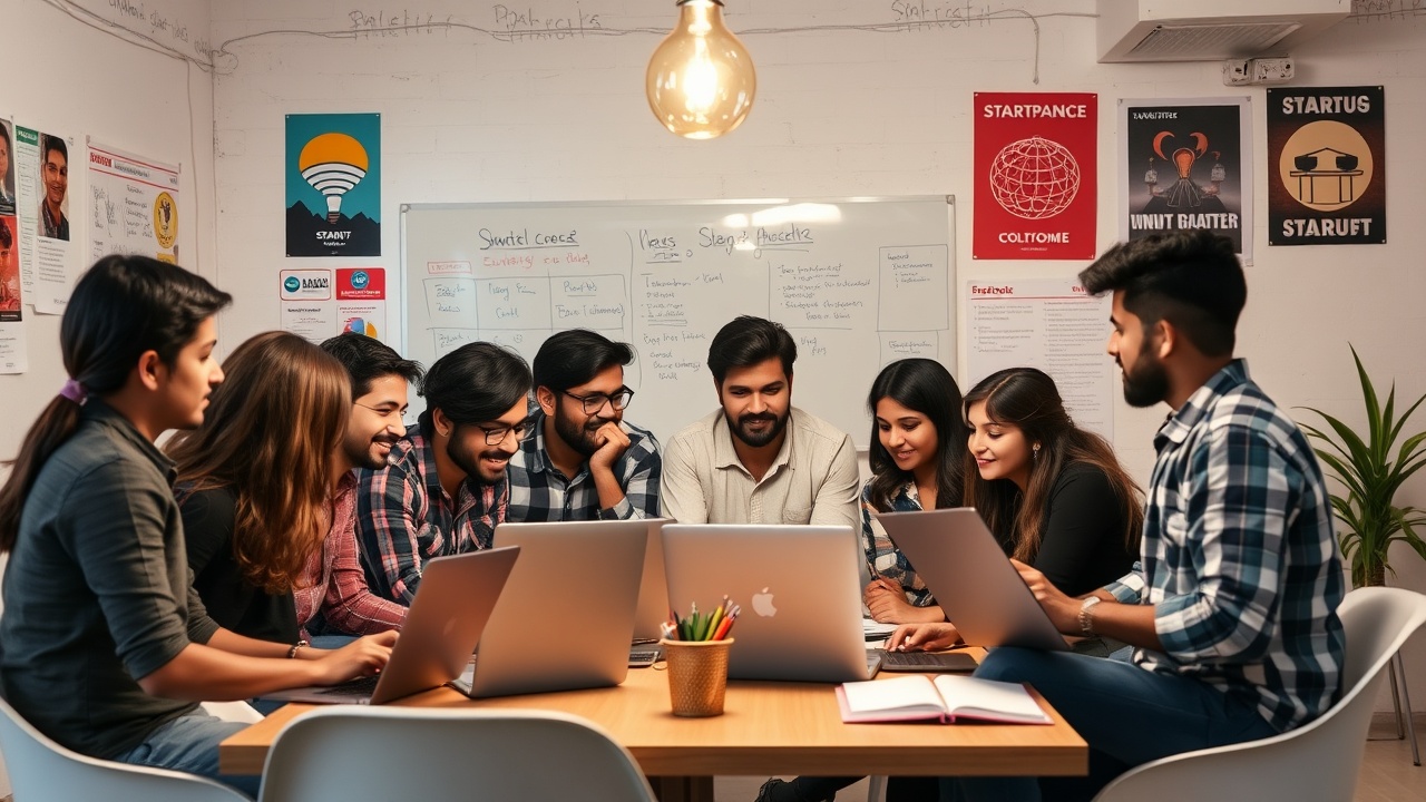 AI generated image by FLUX.1-schnell: A modern Indian startup scene showing young men and women in casual clothes brainstorming around laptops in a co-working office. Background features whiteboards, startup posters, and a glowing lightbulb above the group to symbolize innovation. Energetic and inspiring vibe