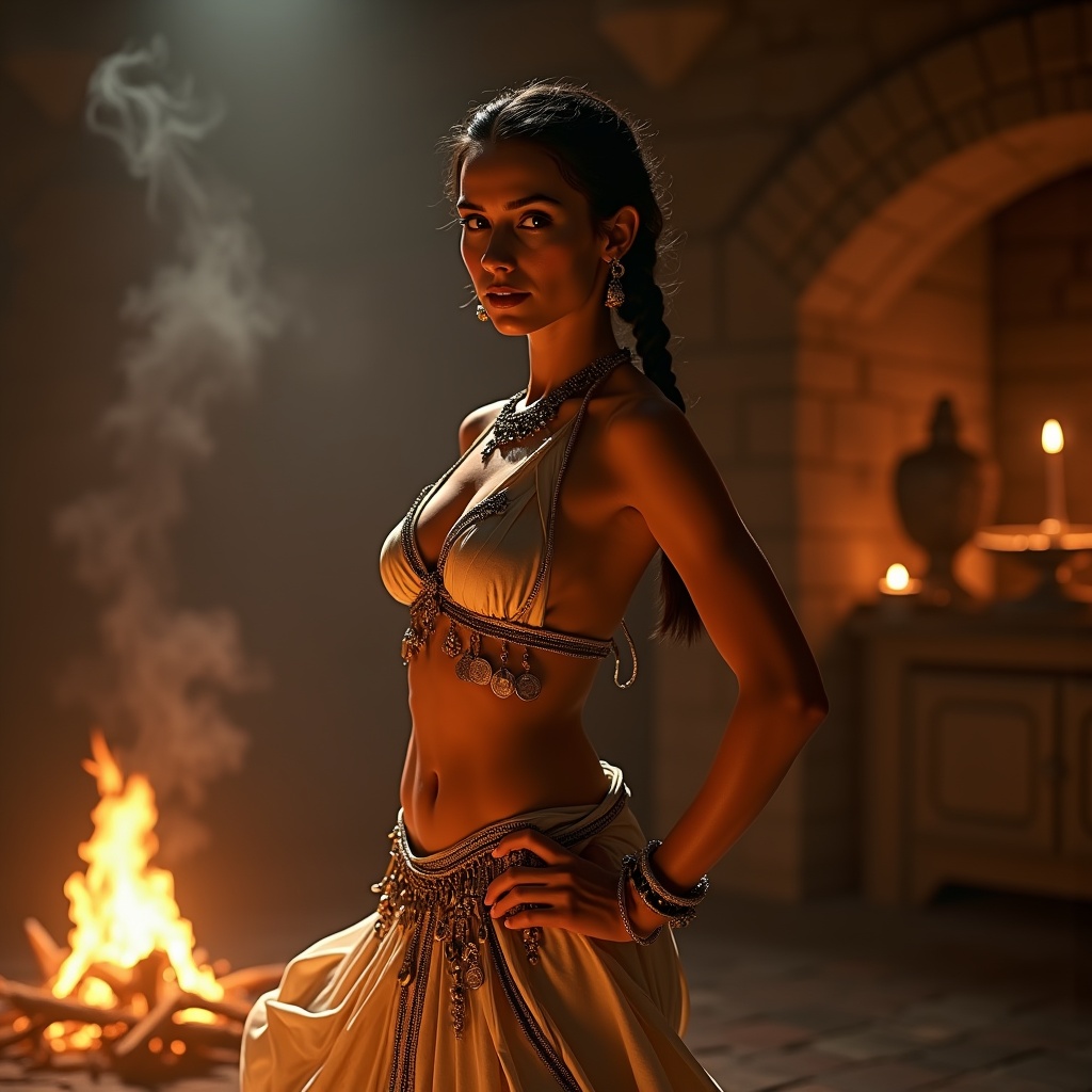 AI generated image by FLUX.1: Cinematic fantasy character portrait of an exotic desert dancer performing beside a crackling hearth inside a medieval tavern, ultra‑realistic AAA RPG art style. Shot on Sony A7RV with 85 mm f/1.2 GM lens at f/1.4, warm candle‑and‑fire glow (2800 K) mixed with faint moonlight rim (6500 K). Female dancer of bronze complexion dusted with fine golden shimmer, skin shows subtle pore texture and subsurface scattering on shoulders and abdomen. Semi‑transparent silk harem trousers billow mid‑motion, coin‑adorned hip scarf catching specular highlights; open halter top with chain jewellery reveals toned obliques and the gentle curve of the bust. Camera starts low and frontal (10°), tracking upward along swaying hips, motion blur on coin fringe (1/100 s); final focus on sly smile and kohl‑lined eyes. Hair in thick braid with beadwork, strand simulation visible. God‑rays through tavern smoke, foreground bokeh of incense burner. Background: rough‑hewn beams, blurred patrons, clay jugs. PBR materials on brass bracelets, hammered gold anklets; silk shows warp‑weft distortion. Mood: hypnotic, sensual yet tasteful—erotic energy conveyed through movement, light, and texture rather than exposure.