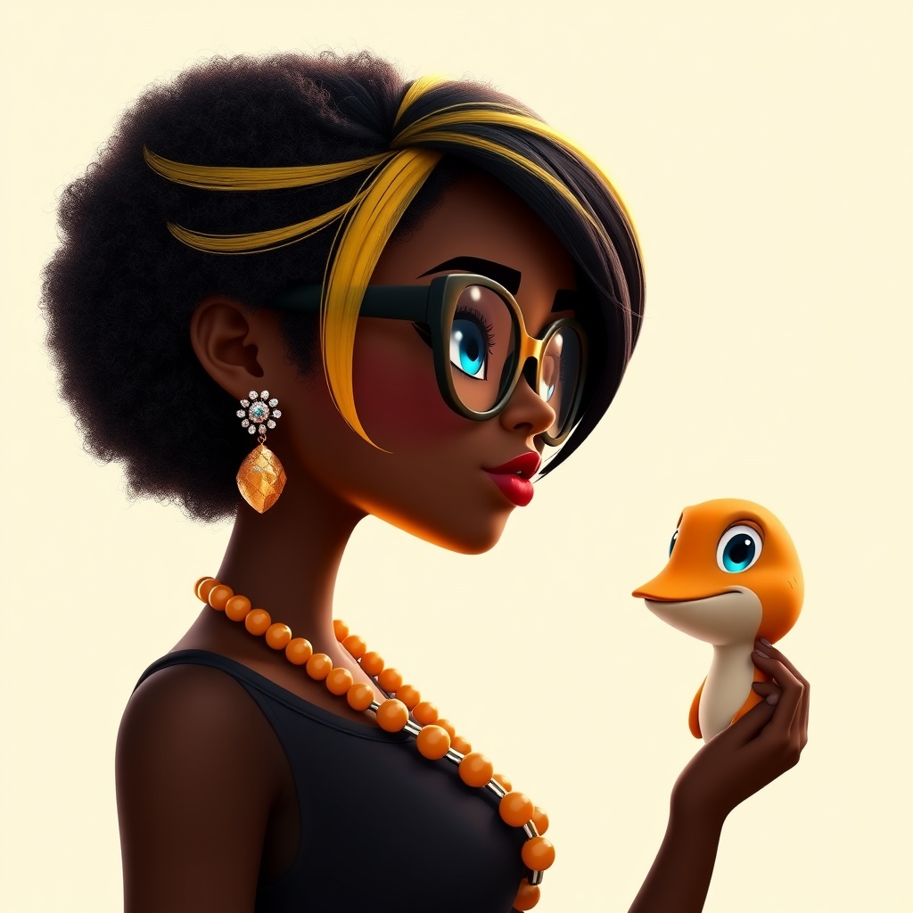 AI generated image by FLUX.1-schnell: Crea un poster de pelicula estilo Disney Pixar divertido y amigable en 4k de un mujer negra, gordita,a perfil de cuerpo completo con pelo trenzado amarillo y negro, gafas negras finas con cristales naranja suave , ojos azules, cadena con...