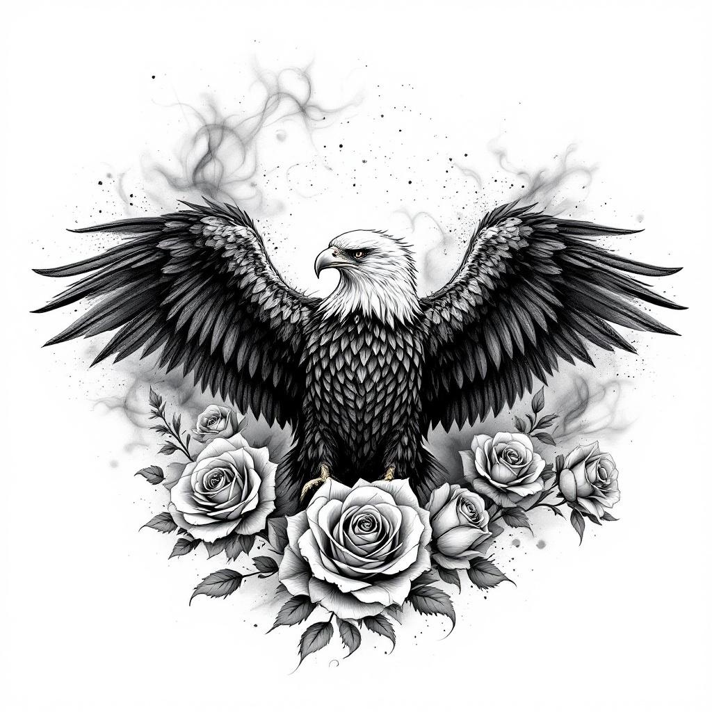AI generated image by FLUX.1-pro: black and grey realistic tattoo design of a bald eagle with open wings, surrounded by roses and soft smoke, strong contrast, detailed feathers, clean tattoo stencil linework, centered composition, white background, no skin, no mockup