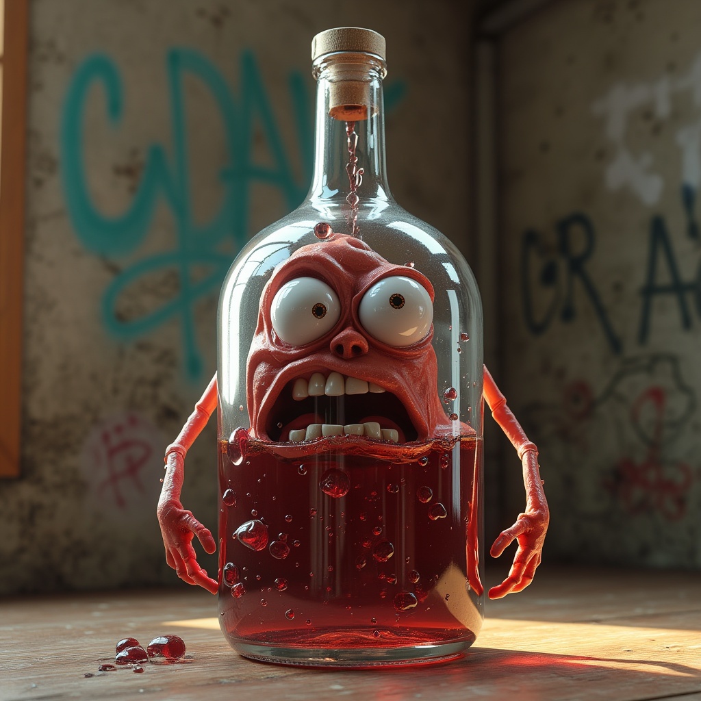 AI generated image by FLUX.1-pro: 3D model, octane volumetric rendering, highly detailed video game, a transparent bottle with wine inside, cartoon with an angry face, with arms and legs, with a wall with graffiti in the background