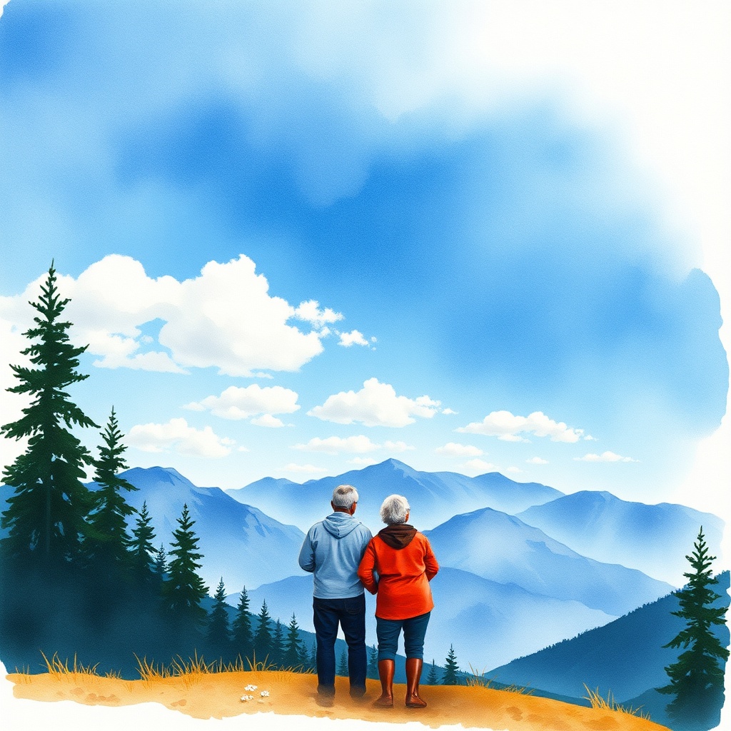 AI generated image by FLUX.1-schnell: watercolor aquarelle landscape mountain background; senior couple silhouette looking at the blue sky above with clouds