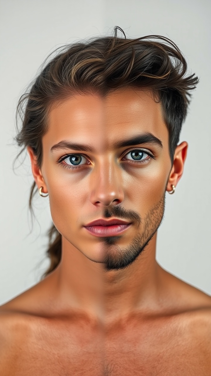 AI generated image by FLUX.1-schnell: A front facing portrait that is half male on the right, half female on the left