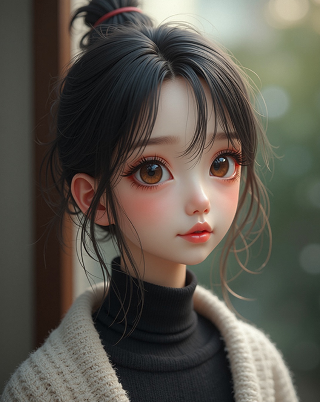 AI generated image by FLUX.1-image-to-image: ultra-realistic, change hair to black, replace face with big asian girly eyes, with plump lips and pale skin