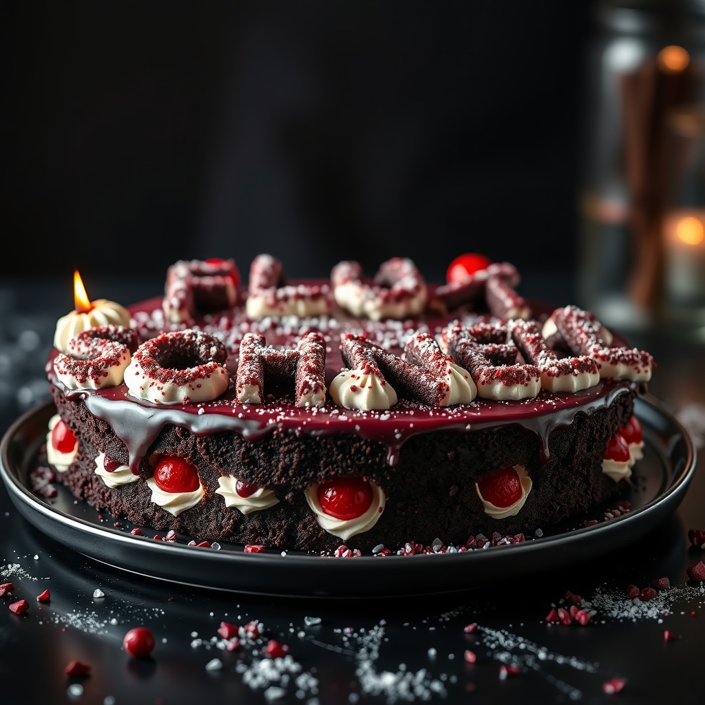 AI generated image by FLUX.1-schnell: black forest gateau cake spelling out the words "FLUX SCHNELL", tasty, food photography, dynamic shot