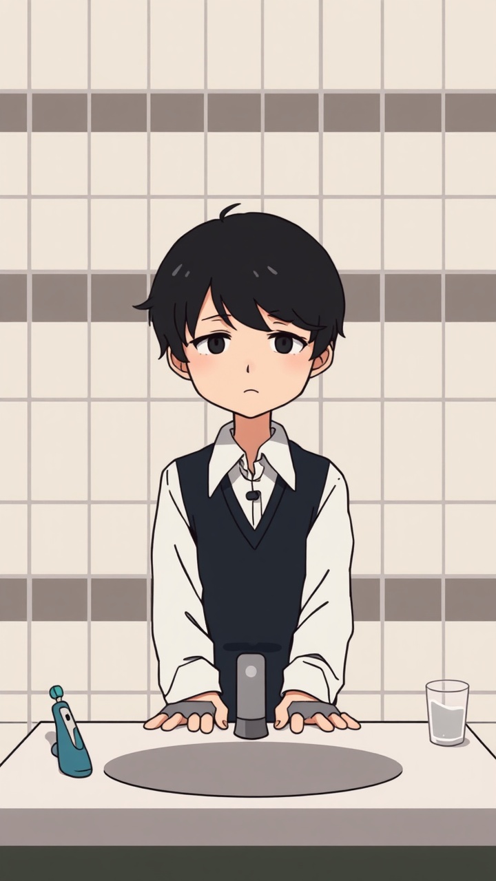 AI generated image by FLUX.1-schnell: Omocat's omori game artstyle, The image depicts a young person standing behind a bathroom sink, their expression somber. Their dark hair is neatly styled, and they are dressed in a white shirt with a dark vest. The tiled walls behind them are plain and featureless, creating a sense of isolation. The only other elements in the scene are a toothbrush and a glass on the counter, suggesting a routine that the individual may find difficult to engage in. The overall mood of the image is melancholic, hinting at a sense of loneliness or sadness. The subdued colors and minimalist composition further contribute to the somber atmosphere. The image leaves room for interpretation, inviting viewers to consider the inner thoughts and feelings of the subject.