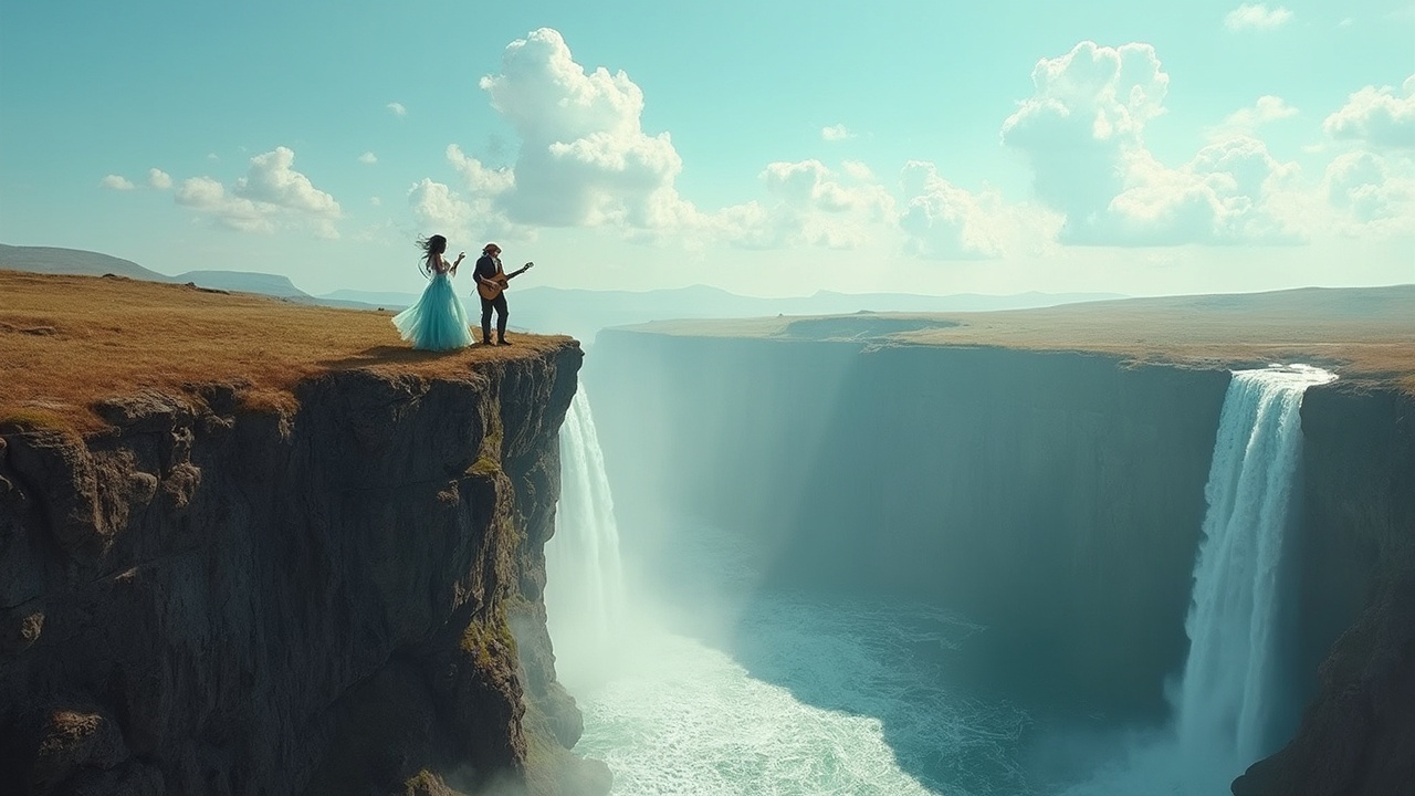 AI generated image by FLUX-Realism-Lora: A very high cliff with a waterfall and water below, clear sky with clouds, at the top of the cliff a woman dancing and a man playing a Spanish guitar