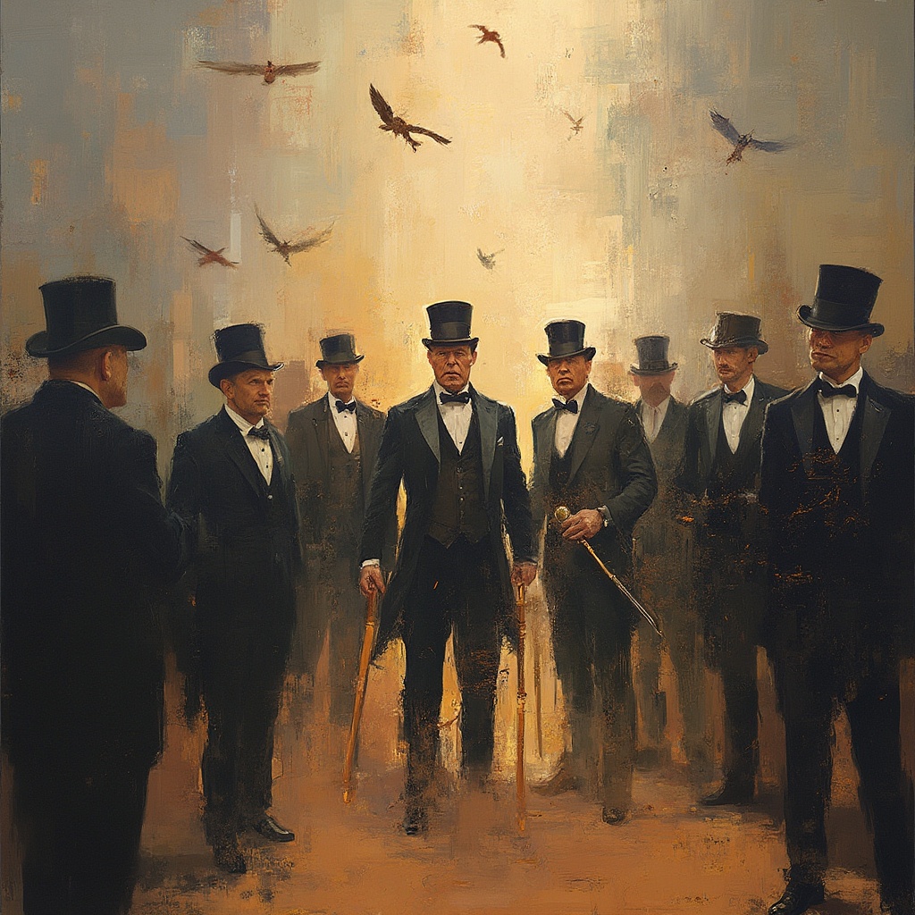 AI generated image by FLUX-Realism-Lora: Generate an impressionist-style painting depicting a group of elegantly dressed men, inspired by a group chat titled “The Gentlemen’s Mukbang.” The scene features a symbolic explosion or disruption, with items like top hats and canes scattered, capturing both refinement and chaos. The style should balance elegance with abstract disorder, avoiding kitsch and hinting at a violent demise.