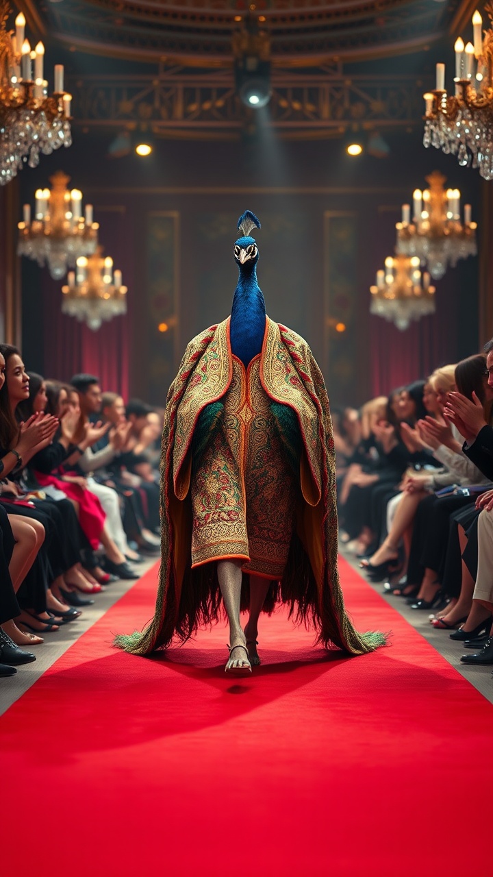 AI generated image by FLUX.1-schnell: Create a high-fashion runway video featuring a majestic peacock confidently walking down a red carpet. The peacock is draped in a richly detailed, colorful, and ornate fabric that resembles a traditional royal robe. The setting is a grand fashion show with a glamorous and sophisticated audience, complete with bright runway lights, a long catwalk, and enthusiastic spectators clapping on either side. The atmosphere should be luxurious and opulent, capturing the elegance of both the peacock and the fashion event.