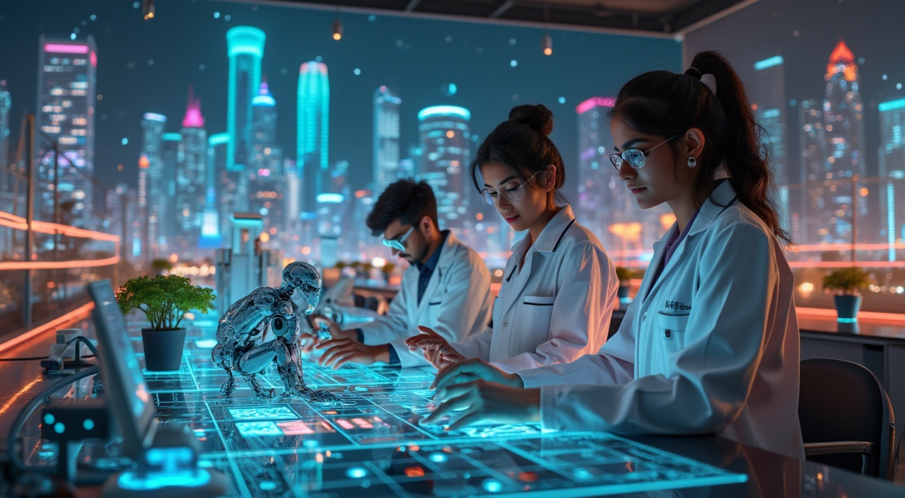 AI generated image by FLUX.1-pro: A futuristic vision of India, showcasing a glowing skyline filled with towering skyscrapers and vibrant, colorful lights reflecting the advanced, tech-driven society. The cityscape features smart cities with sleek, modern infrastructure, self-driving vehicles moving through neon-lit streets, and green, sustainable parks. In the foreground, young Indian scientists are working in high-tech labs filled with holographic displays, cutting-edge technology, and innovative devices. Their focused expressions reflect a dedication to scientific progress, as they collaborate and experiment with advanced AI, robotics, and biotechnology in a state-of-the-art lab environment. The scene captures a perfect blend of India's rich cultural heritage and its technological future, with an air of excitement and possibility