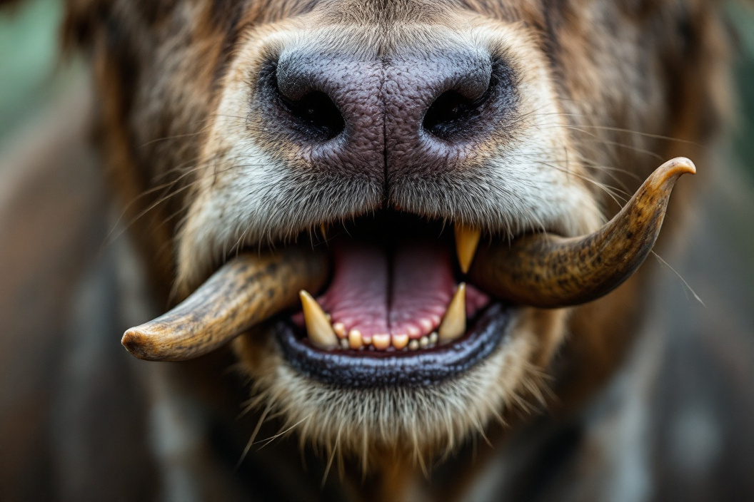 AI generated image by FLUX.1-pro: Close-up photo of mouth chewing horns