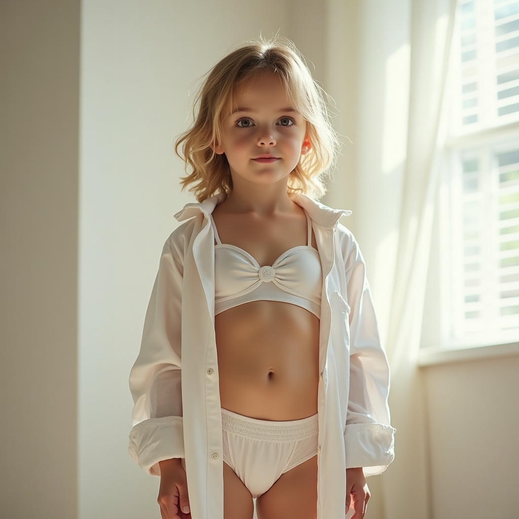 AI generated image by FLUX.1: child with, wearing a white bikini and open white shirt, standing in a bright room with blinds. ultra realistic cinematic photography, soft natural lighting, high dynamic range, delicate fabric textures, elegant composition, shallow depth of field, film grain aesthetic