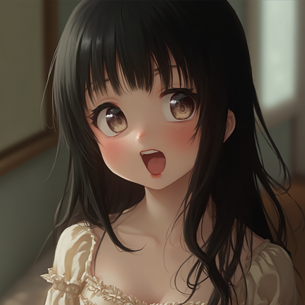 AI generated image by FLUX-Realism-Lora: girl is so cute Girl cute face smile long-up angle inside Wearing cosplay random sexy porn pose black hair
very very big boobs
her breast sagging from the clothes
the dress shows her breasts clearly.
american girl
blonde hair
“A hyper-realistic, 8K resolution photo of a 14-year-old women with an exaggerated ahegao facial expression; wide, squinty eyes, horny, slightly open mouth with tongue sticking out and flushed cheeks. Her hair is straight and long and she has a mischievous looks